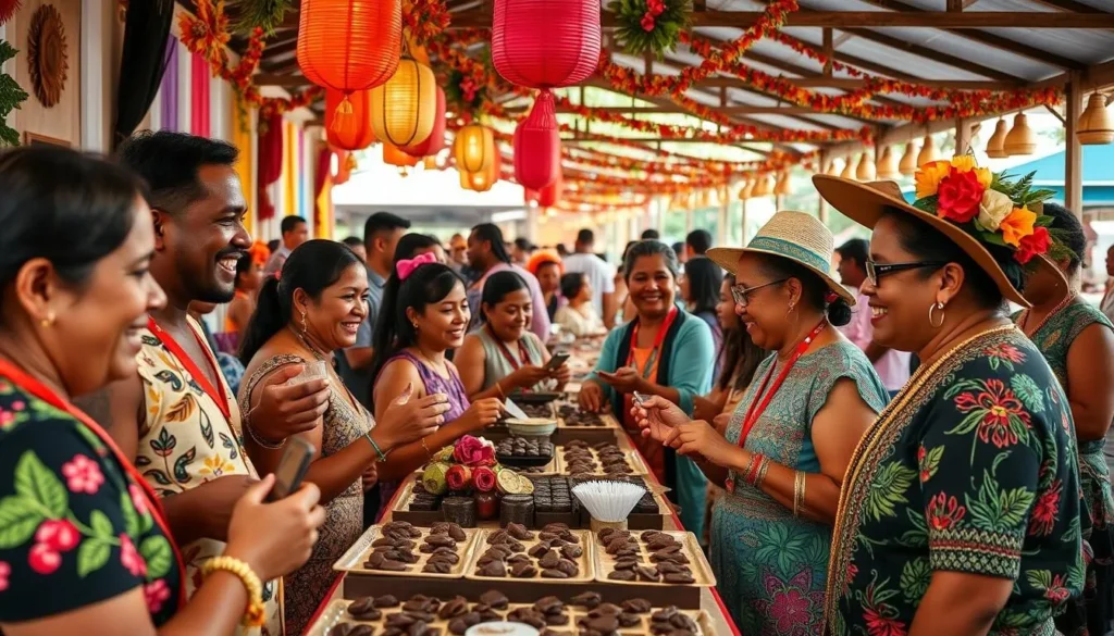 Generate an image of the Bougainville Chocolate Festival with participants enjoying chocolate tastings and local cultural performances.