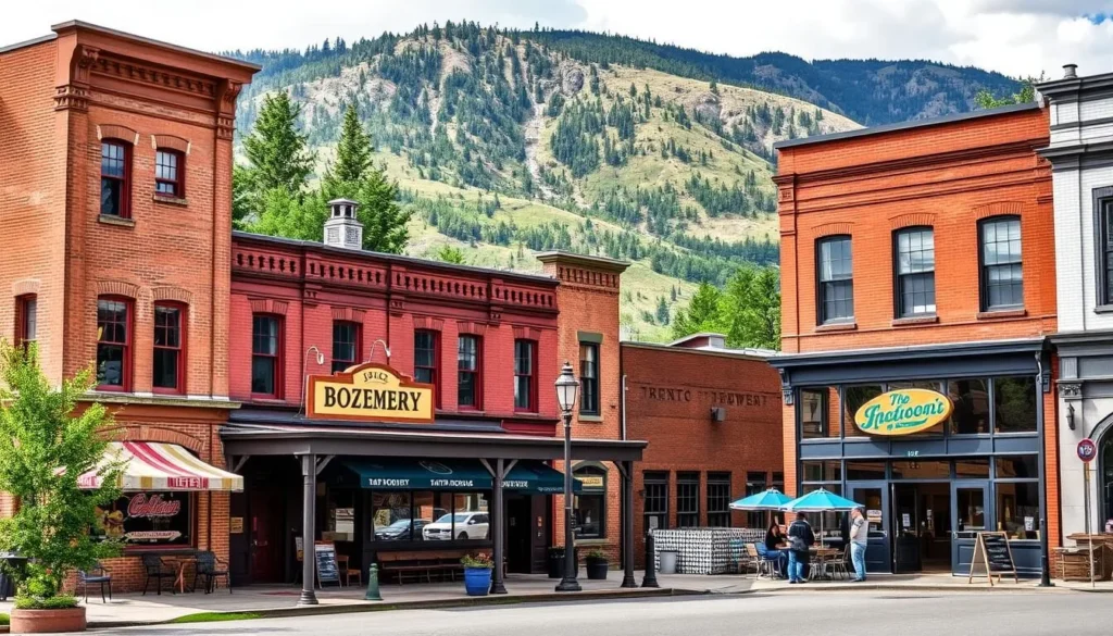 Generate an image of the Bozeman Brewery Historic District, showcasing its historic buildings and modern taprooms.