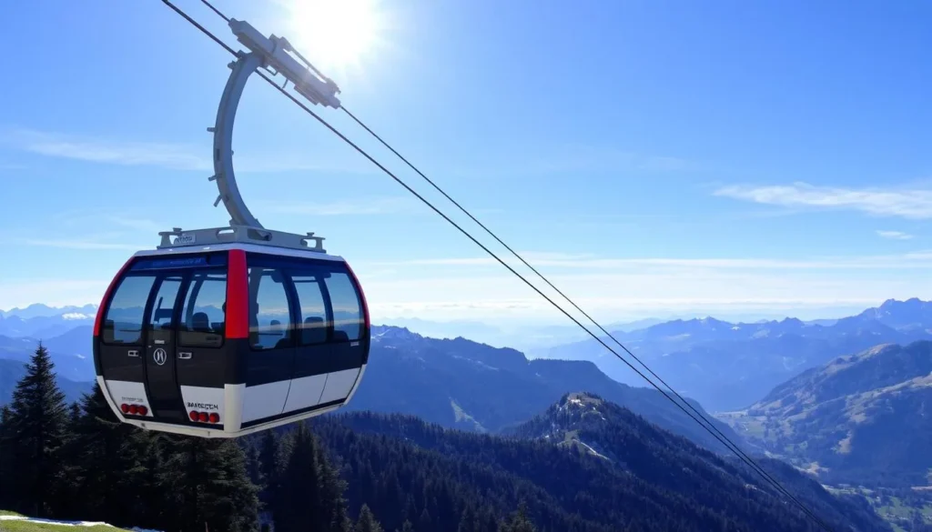 Generate an image of the Brambrüesch cable car in Chur, Switzerland, showcasing its scenic ride to the mountain summit.