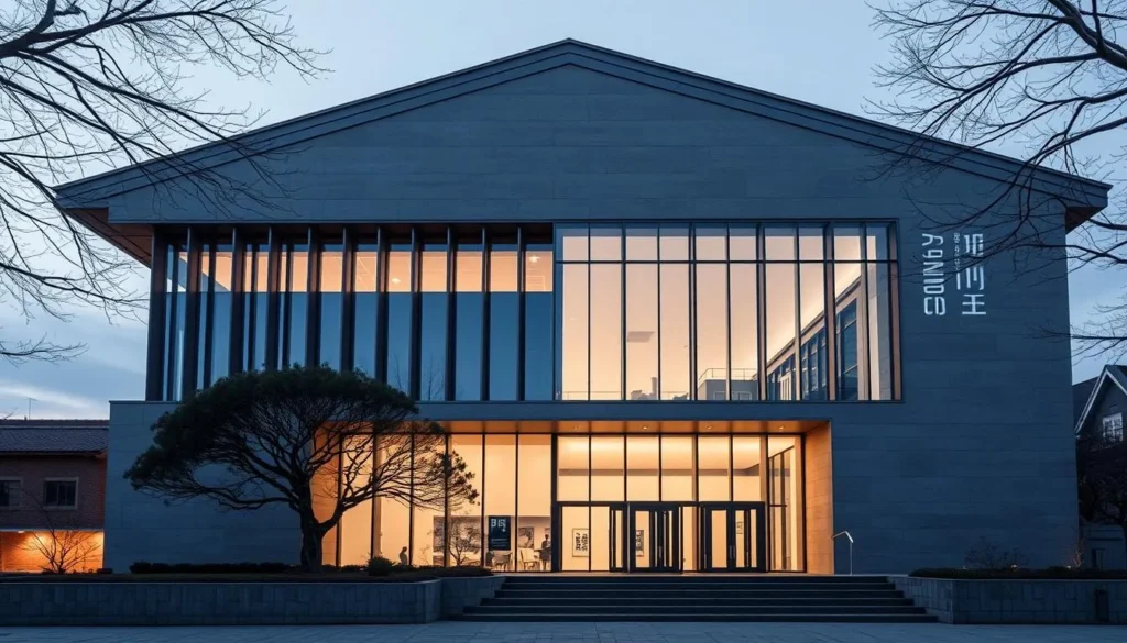 Generate an image of the Bucheon Seongnam Art Museum's exterior, highlighting its unique architecture.