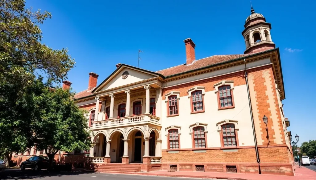 Generate an image of the Bulawayo Club's elegant facade, reflecting its colonial architecture.