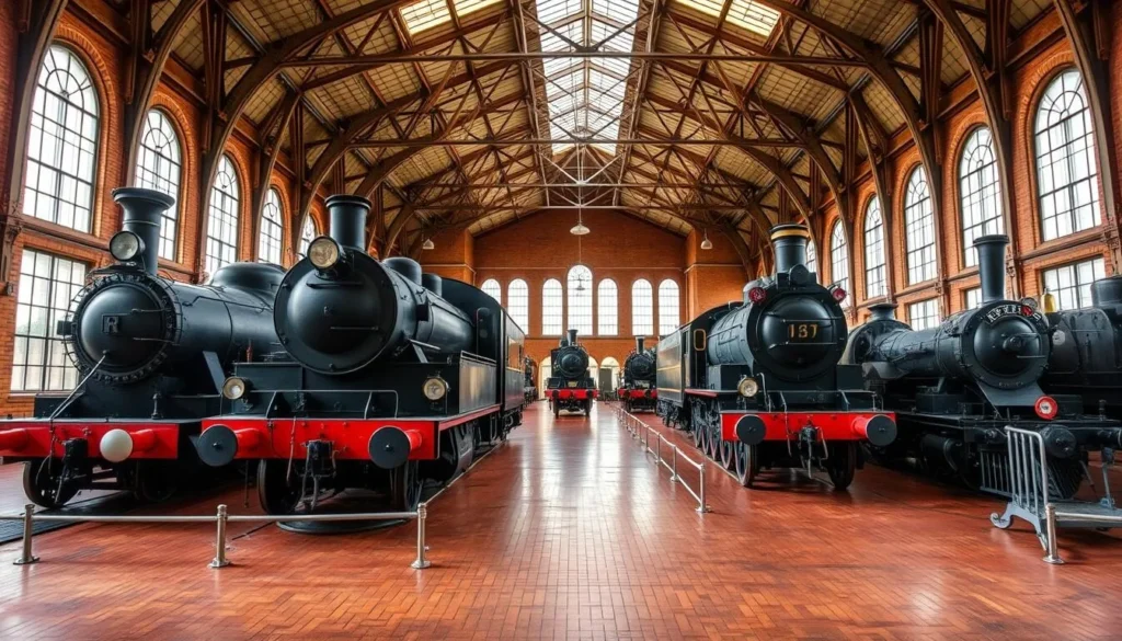 Generate an image of the Bulawayo Railway Museum's main hall with historic locomotives on display.