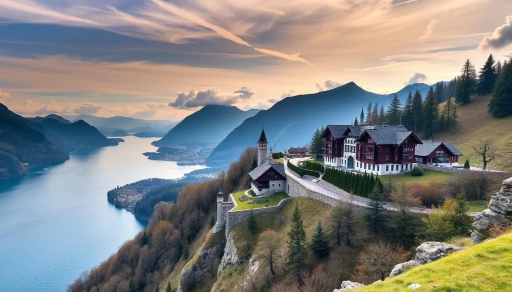 Generate an image of the Bürgenstock Resort in Switzerland, showcasing its dramatic location on a ridge above Lake Lucerne.