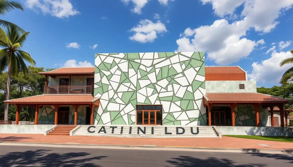 Generate an image of the Cabinda National Museum's exterior, showcasing its architectural blend of traditional and modern styles.