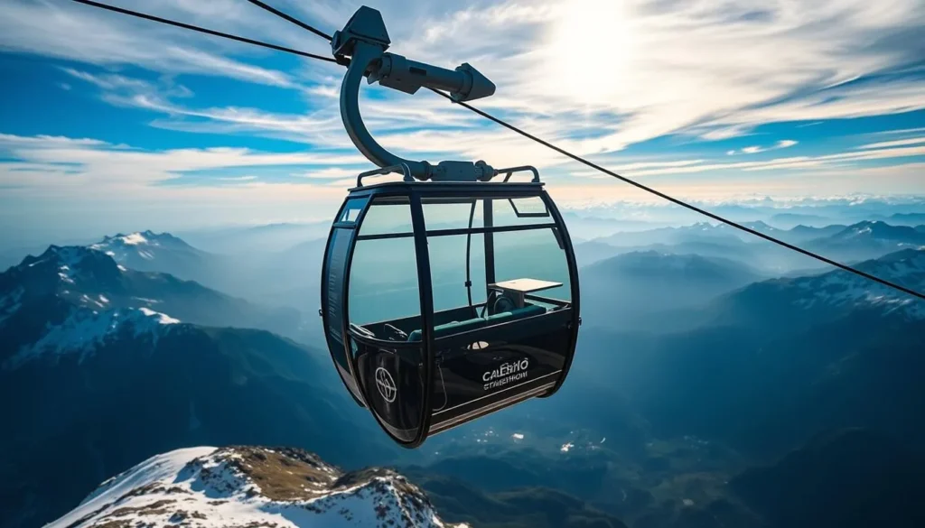 Generate an image of the CabriO Stanserhorn cable car ascending to the summit with panoramic views.