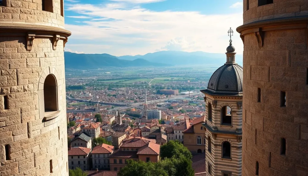 Generate an image of the Campanone tower with a panoramic view of Bergamo.