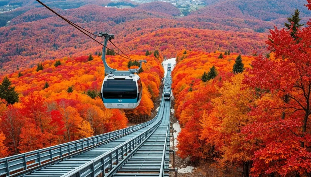 Generate an image of the Cannon Mountain Aerial Tramway ascending to the summit with vibrant fall foliage in the background.