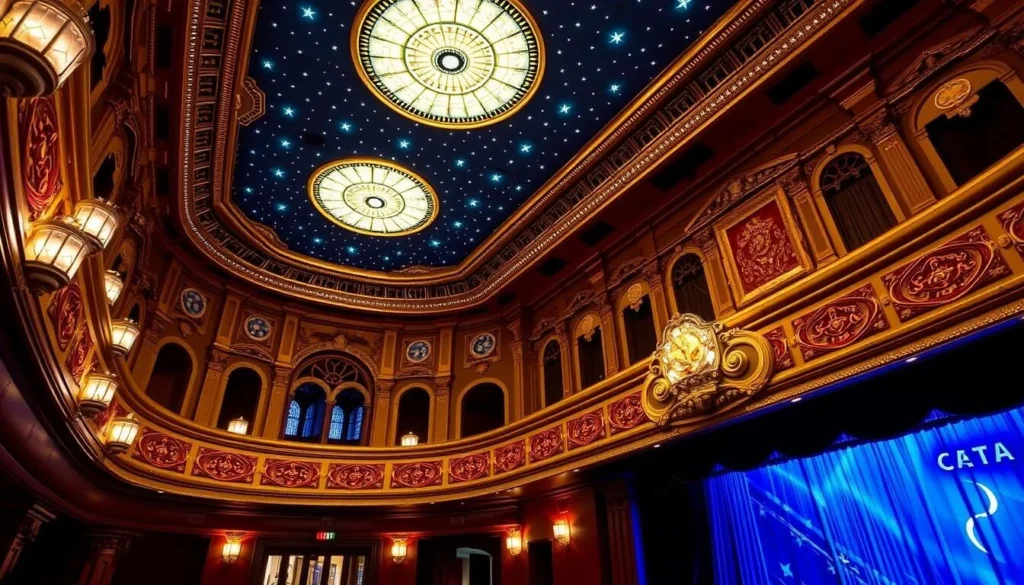 Generate an image of the Canton Palace Theatre's ornate interior, showcasing its Spanish-inspired architecture and starlit ceiling.