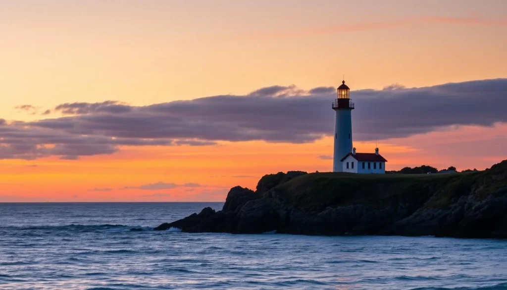 Generate an image of the Cape Byron Lighthouse at sunrise with the ocean in the background.