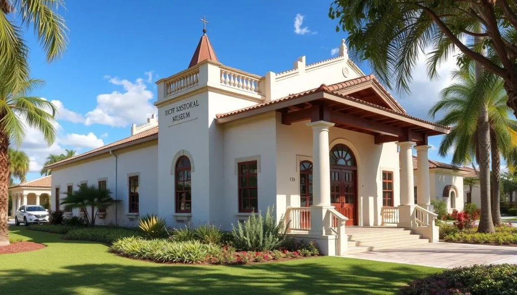 Generate an image of the Cape Coral Historical Museum's main exhibit building, showcasing its architecture and surrounding gardens.
