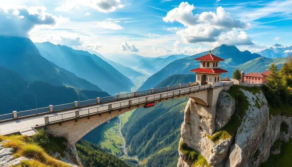 Generate an image of the Carasc Tibetan Bridge in Monte Carasso, Switzerland, with a stunning view of the Ticino Valley.