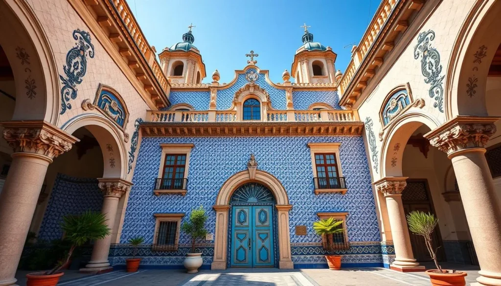Generate an image of the Casa de los Azulejos, highlighting its stunning blue-tiled facade.