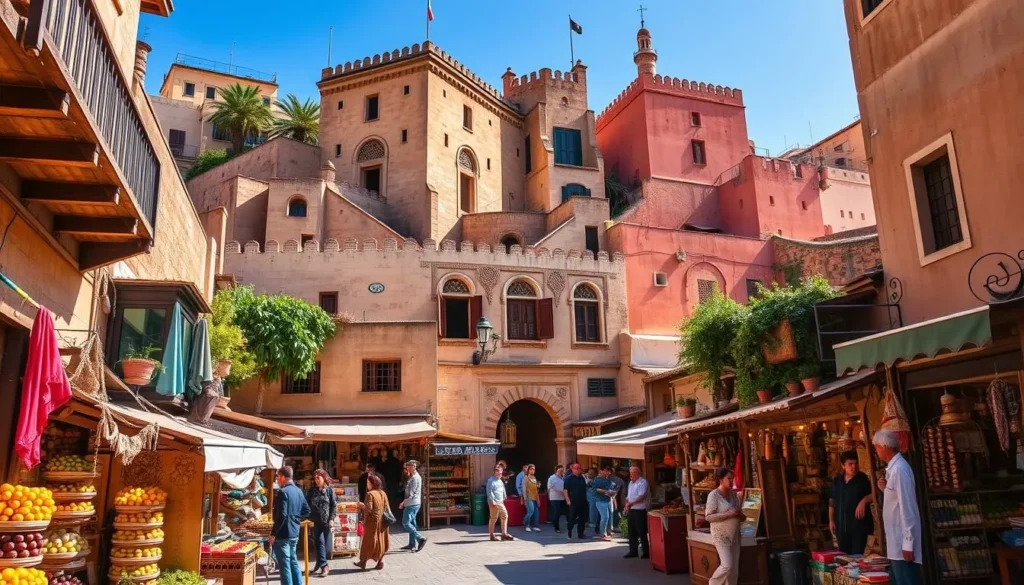 Generate an image of the Casbah of Oran, showcasing its historic architecture and bustling souks.