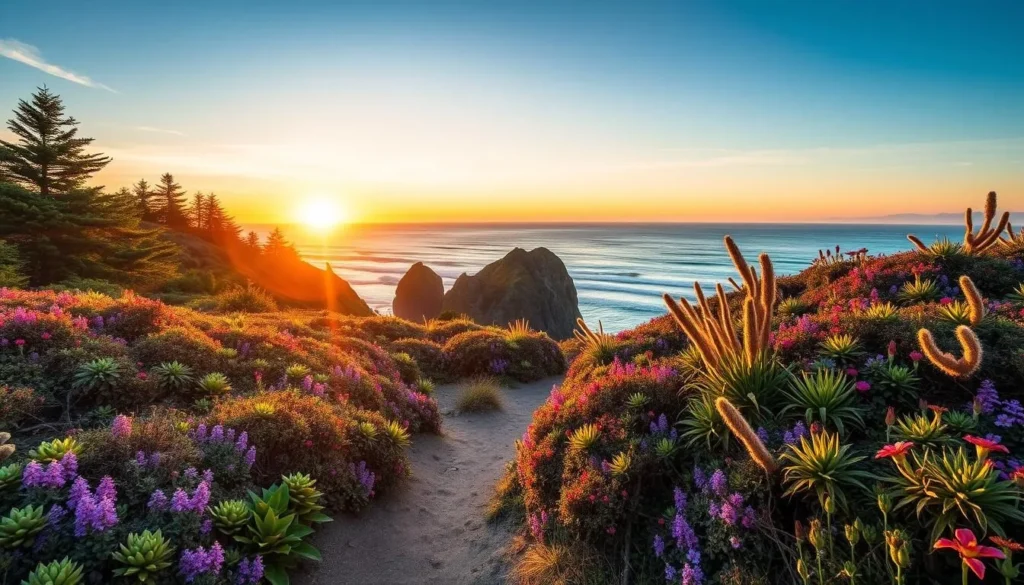 Generate an image of the Cascade Head trail in Lincoln City, Oregon, showcasing its scenic beauty and diverse flora.