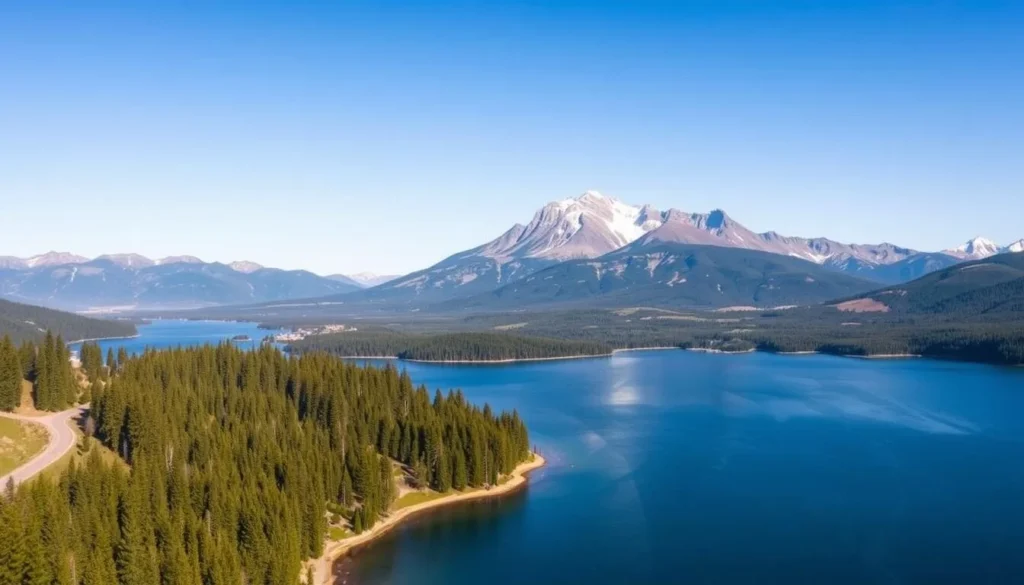 Generate an image of the Cascade Lakes Scenic Byway with a serene lake in the foreground and the Cascade Mountain Range in the background.