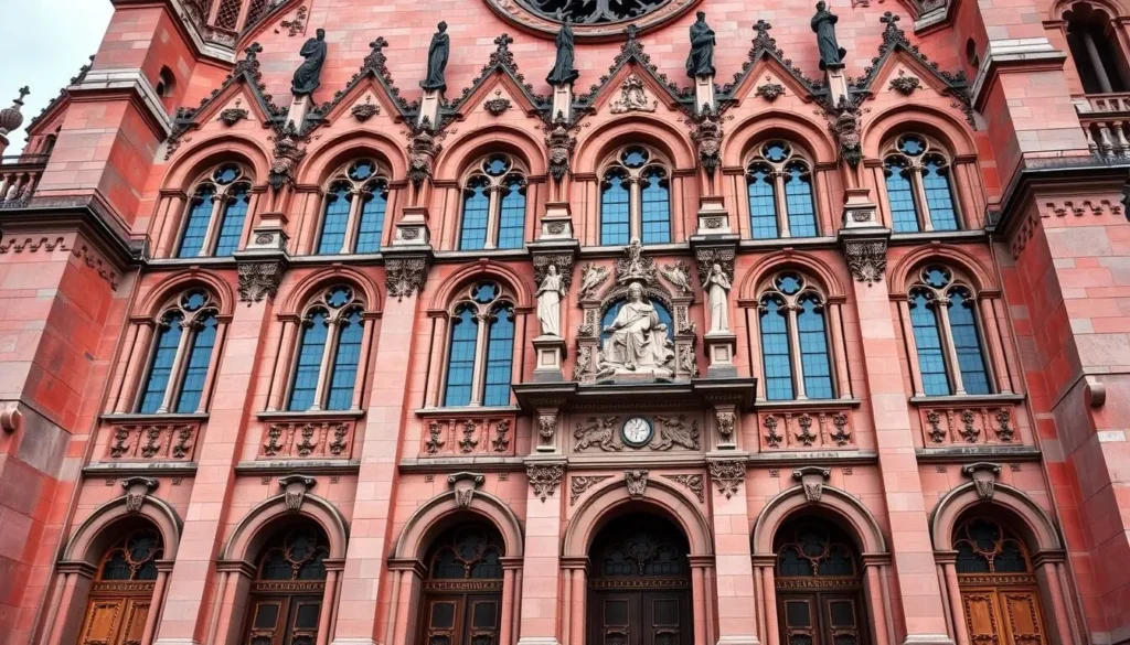Generate an image of the Catedral de Santiago's impressive pink stone façade.
