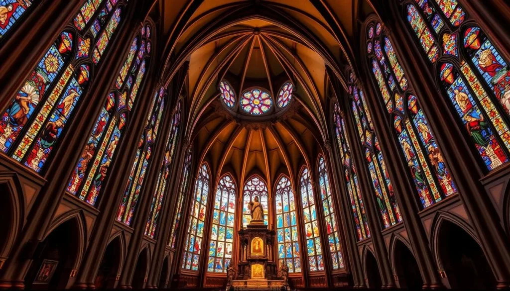 Generate an image of the Cathedral of Saint Pierre and Paul in Lubumbashi, showcasing its stunning stained glass windows and intricate designs.