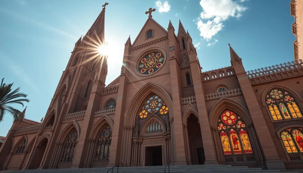 Generate an image of the Cathedral of the Sacred Heart in Oran, Algeria, showcasing its neo-Gothic architecture and stunning stained-glass windows.