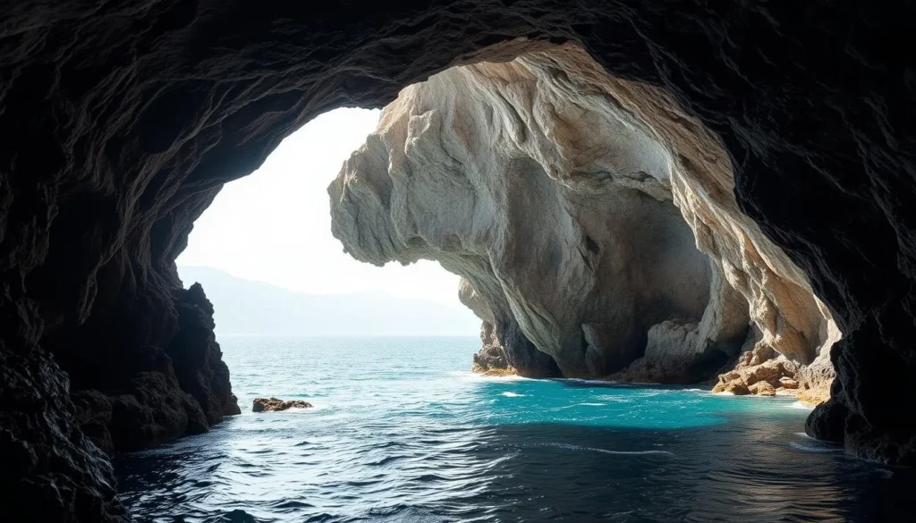 Generate an image of the Caves of Hercules with its sea-facing opening resembling the African continent.
