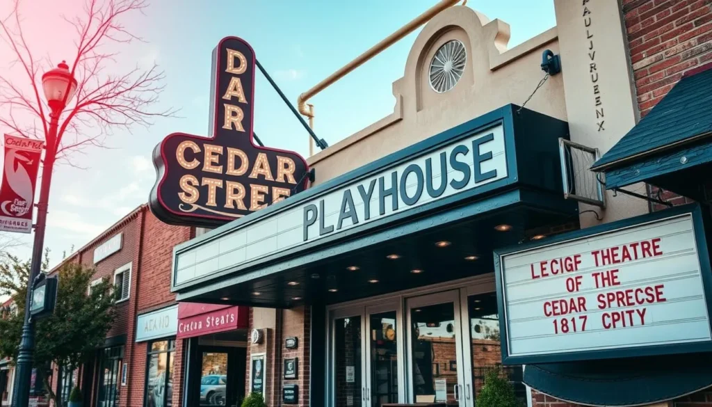 Generate an image of the Cedar Street Playhouse in Rolla, Missouri, showcasing its exterior with a sign indicating it's a theater.