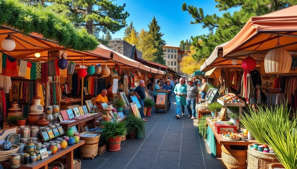 Generate an image of the Cedar Tree Craft Market, showcasing stalls with handmade crafts and live music performances.