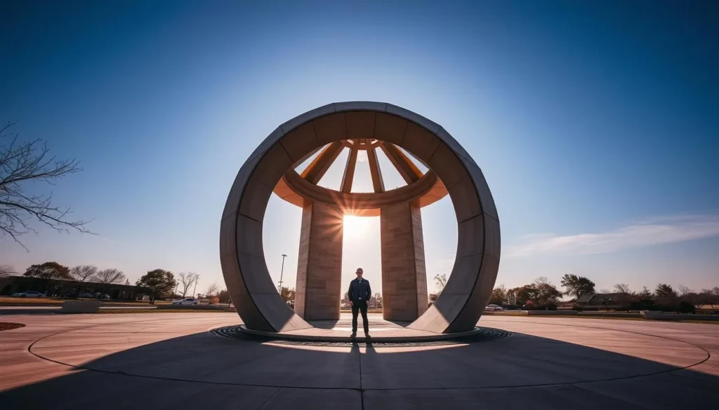 Generate an image of the Center of the Universe in Tulsa, Oklahoma, with a person standing in the concrete circle.