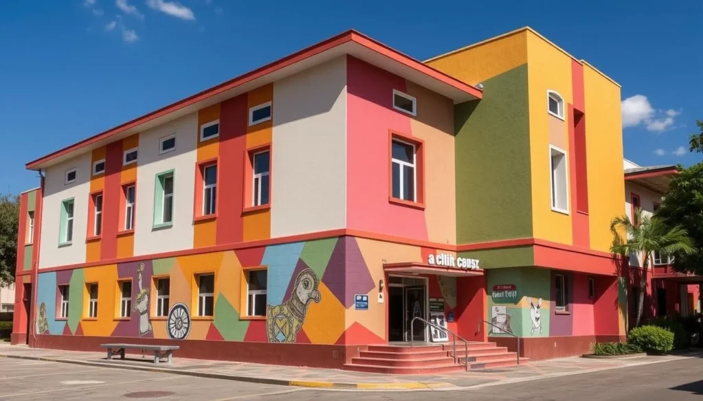 Generate an image of the Centre Culturel de Tshikapa's exterior, showcasing its vibrant architecture.