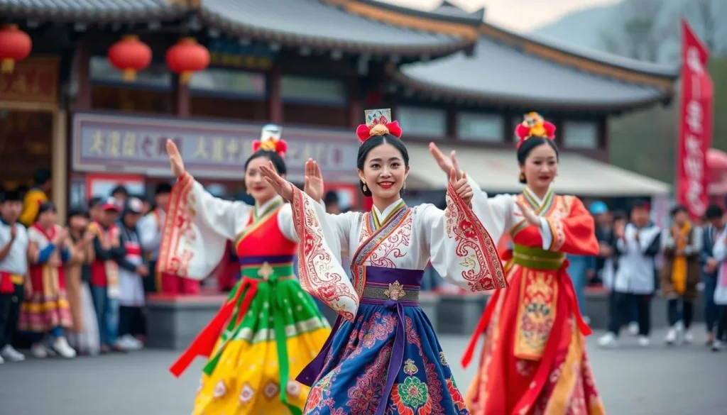 Generate an image of the Cheonan Heungtaryeong Dance Festival, showcasing traditional Korean dancers performing in vibrant costumes.