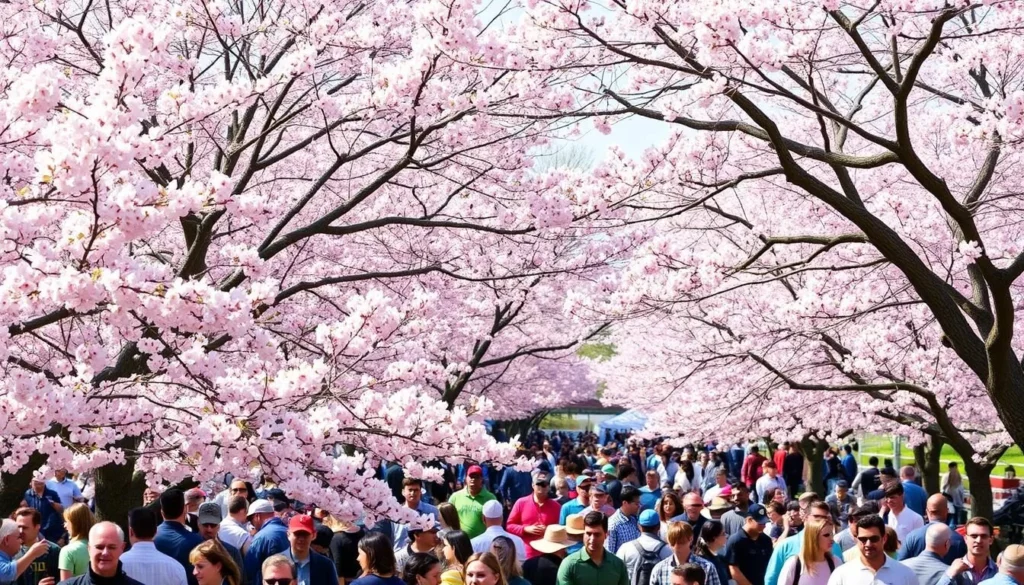 Generate an image of the Cherry Blossom Festival at Branch Brook Park with blooming cherry trees and festival attendees.