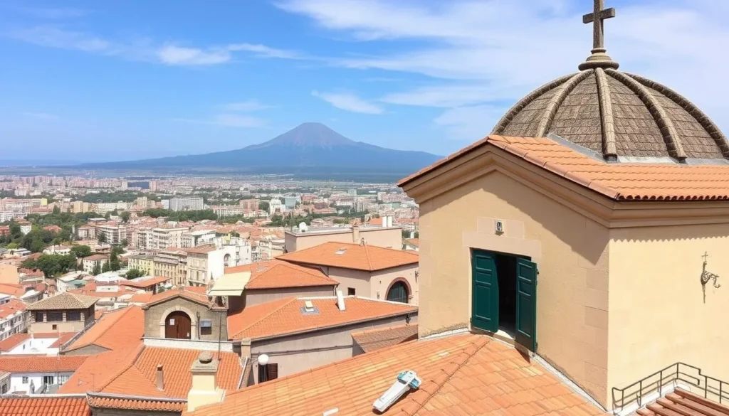 Generate an image of the Chiesa della Badia di Sant'Agata's rooftop, highlighting the panoramic views of Catania and Mount Etna.