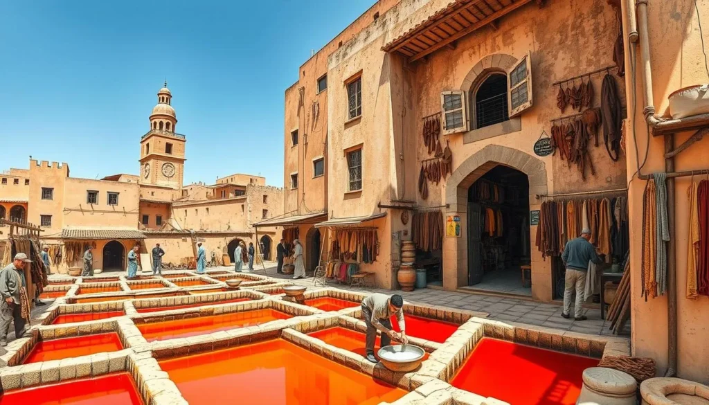 Generate an image of the Chouara Tannery in Fes, Morocco, showcasing its traditional leather-making processes.