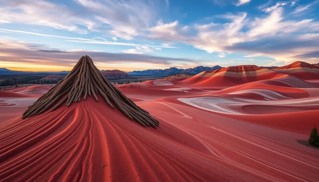 Generate an image of the Cinder Cone and Painted Dunes in Lassen Volcanic National Park
