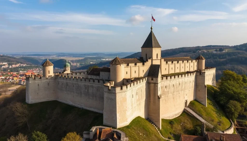 Generate an image of the Citadel of Besançon, showcasing its imposing walls and strategic location.