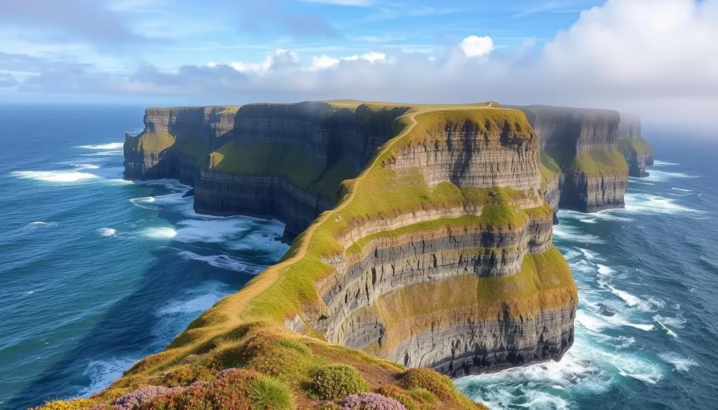 Generate an image of the Cliffs of Moher standing dramatically 700 feet above the Atlantic Ocean.