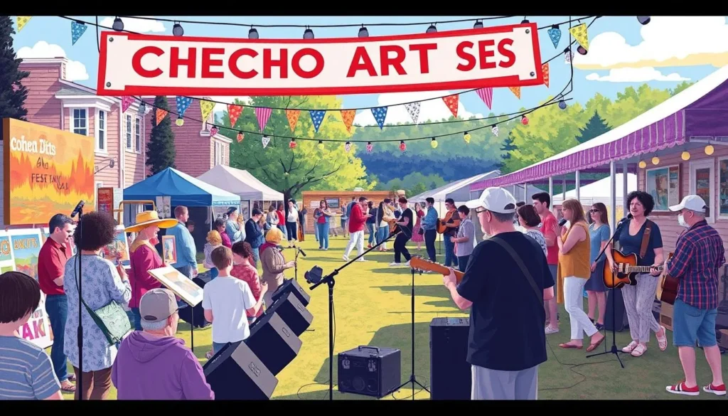 Generate an image of the Cochecho Arts Festival in Dover, NH, featuring live music and local artists.