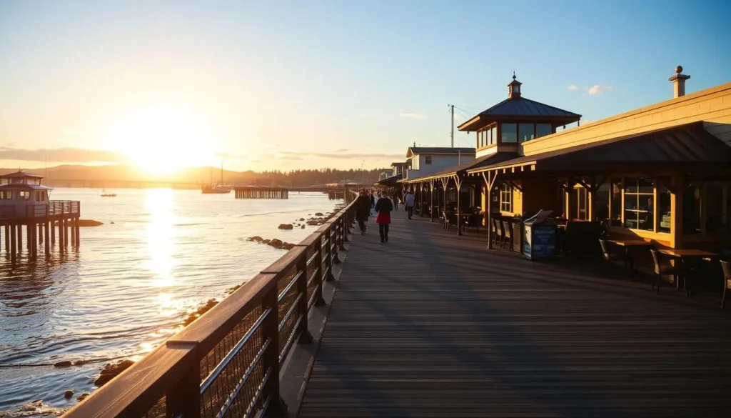Generate an image of the Coos Bay Boardwalk with scenic views and dining options.