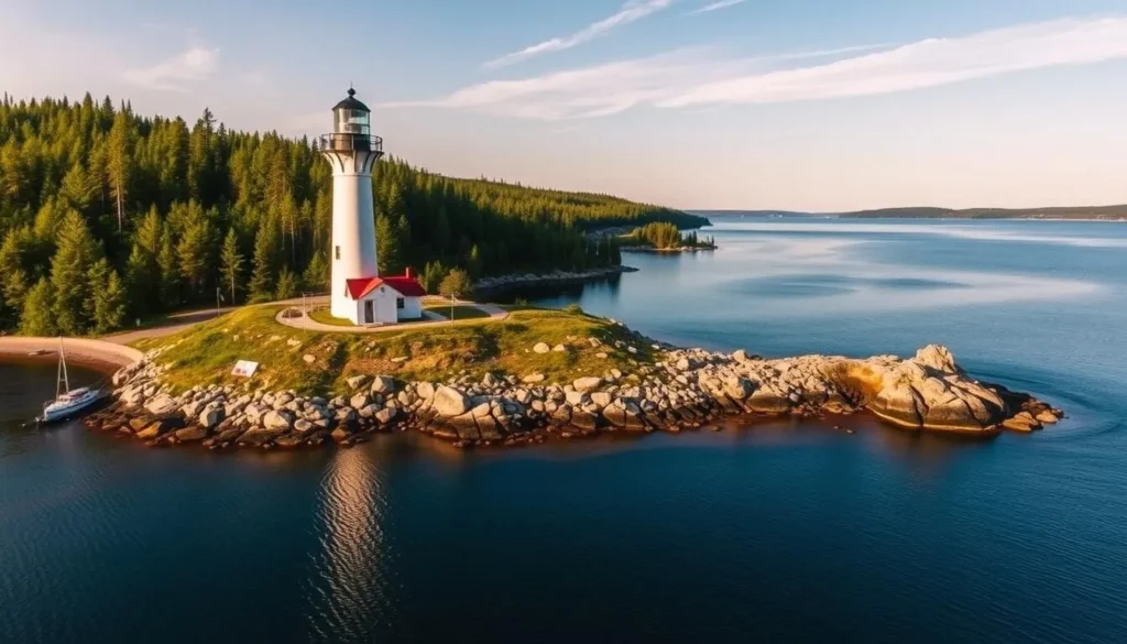 Generate an image of the Copper Harbor Lighthouse with a scenic lake view.
