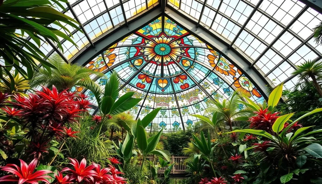Generate an image of the Cosmovitral Botanical Garden's stunning stained glass ceiling and lush greenery.