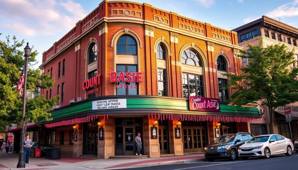 Generate an image of the Count Basie Center for the Arts in Red Bank, highlighting its historic significance and lively performances.