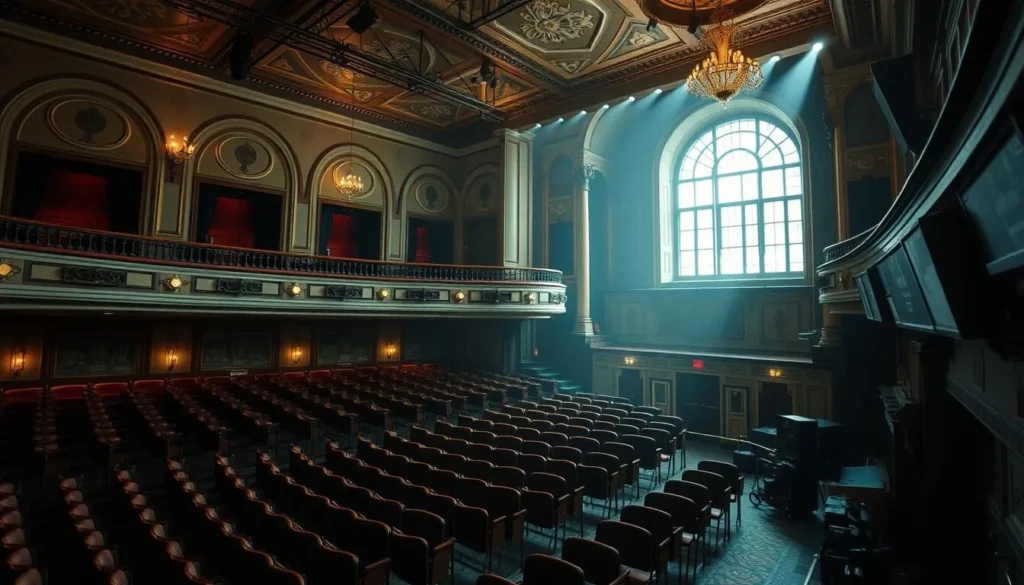 Generate an image of the County Theater's interior, showcasing its vintage decor and modern sound equipment.