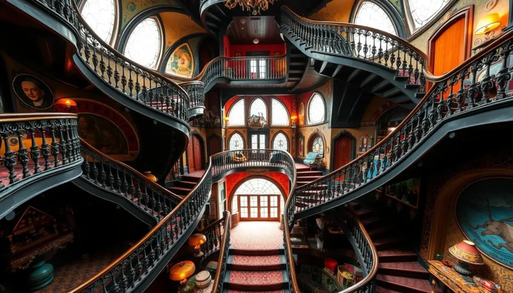 Generate an image of the Crazy House's unique architecture with winding staircases and themed rooms.
