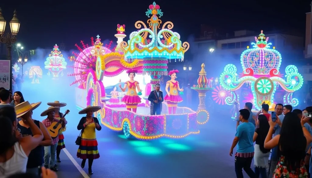 Generate an image of the Culiacan Carnival with vibrant floats, mariachi bands, and people enjoying the festivities.