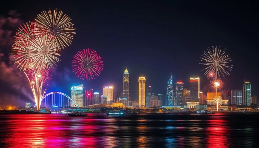 Generate an image of the Da Nang International Fireworks Festival at night, with fireworks exploding above the city's skyline.