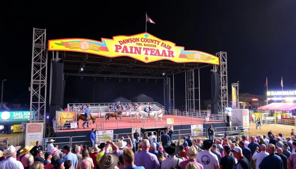 Generate an image of the Dawson County Fair main stage with a rodeo event in progress.