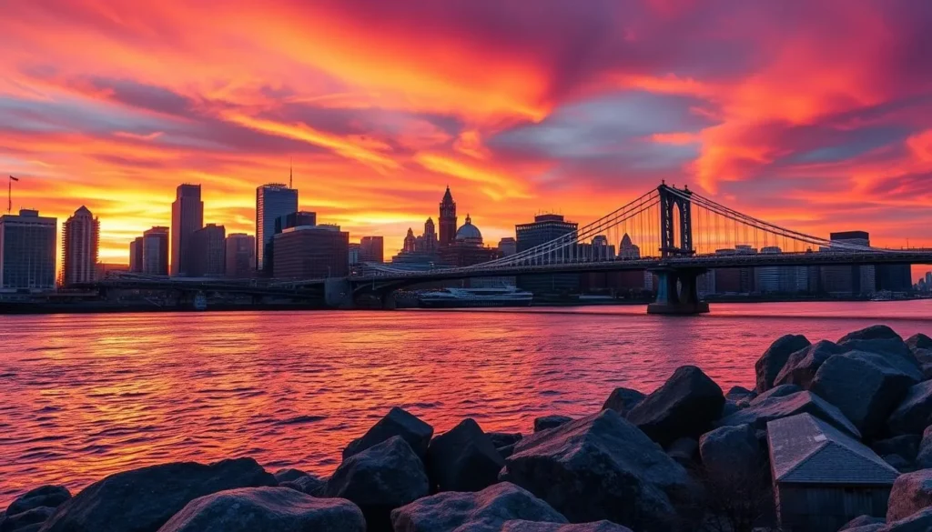 Generate an image of the Delaware River Waterfront in Philadelphia with the Benjamin Franklin Bridge and Philadelphia skyline.