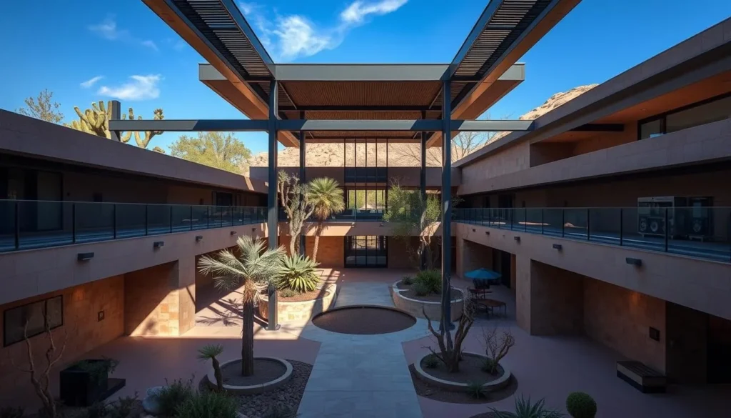 Generate an image of the Desert Museum's modern architecture with a spacious courtyard.