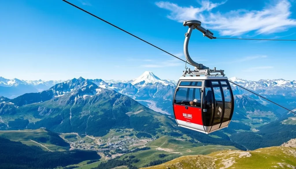 Generate an image of the Diavolezza cable car ascending to the top station with a panoramic view of Piz Bernina and surrounding glaciers.