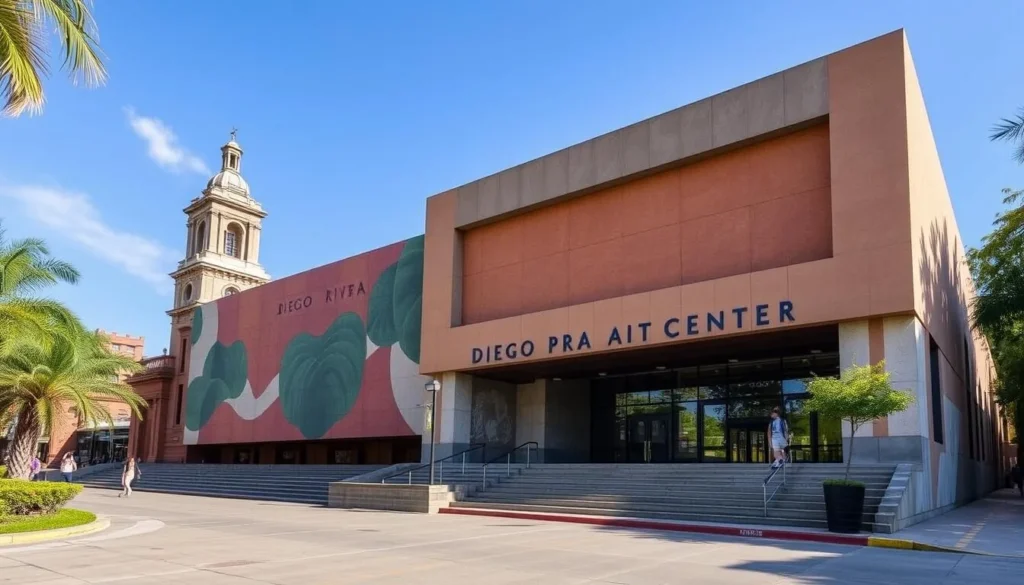 Generate an image of the Diego Rivera Art Center's exterior, showcasing its modern architecture amidst Xalapa's historic surroundings.