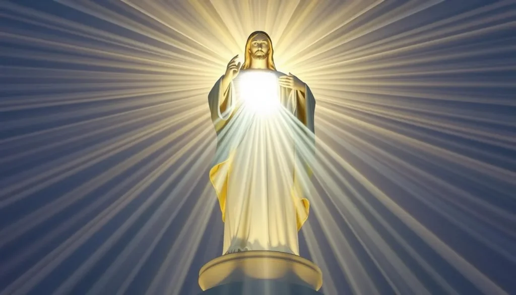 Generate an image of the Divine Mercy Shrine's 50-foot statue of Jesus Christ with the "rays" emanating from Christ's heart forming a staircase.