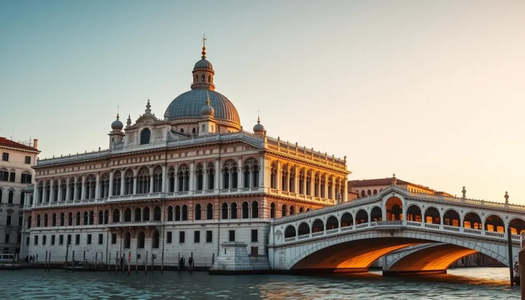 Generate an image of the Doge's Palace facade with the iconic Bridge of Sighs